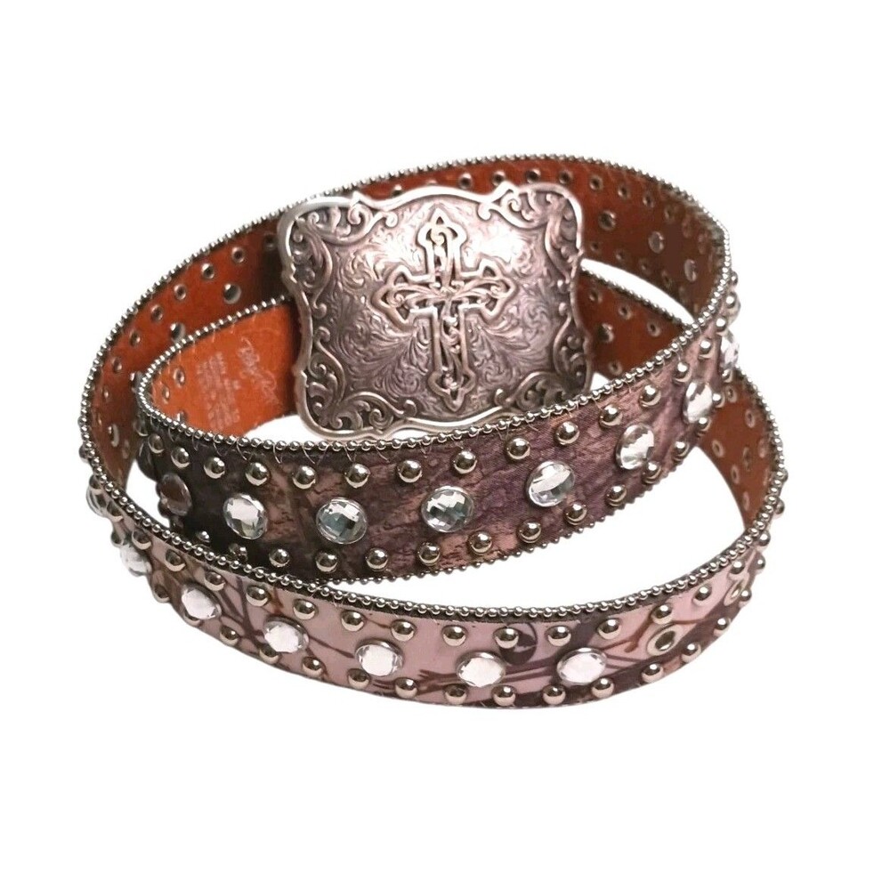Blazin Roxx RHINESTONE Western Mossy Oak Pink Camo Bling Belt & Cross Buckle Med